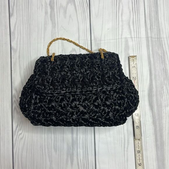 60s Vintage Bloomingdales black raffia purse evening handbag with gold straps - Picture 9 of 9